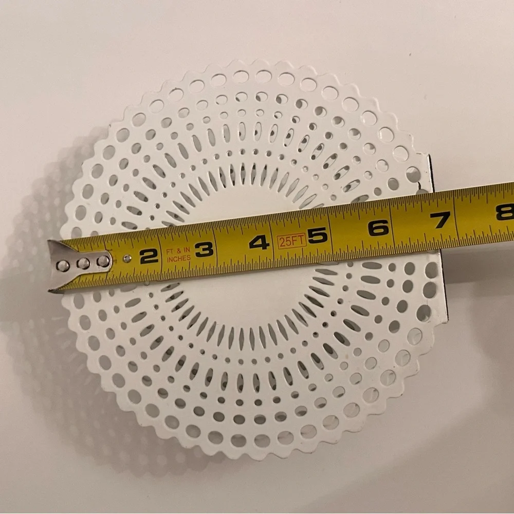 Crate & Barrel “Gram” Metal Enamel White Napkin Holder Doilies Cut Pattern Round